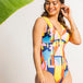 Womens Yellow Printed Bodysuit Swimwear