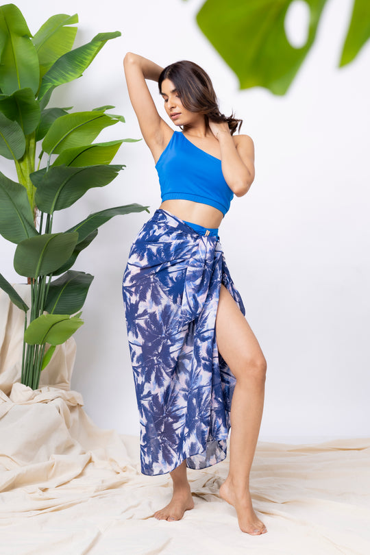 Women Swimwear Royal Blue Bikini & Palm Print 3-Piece Swim Set