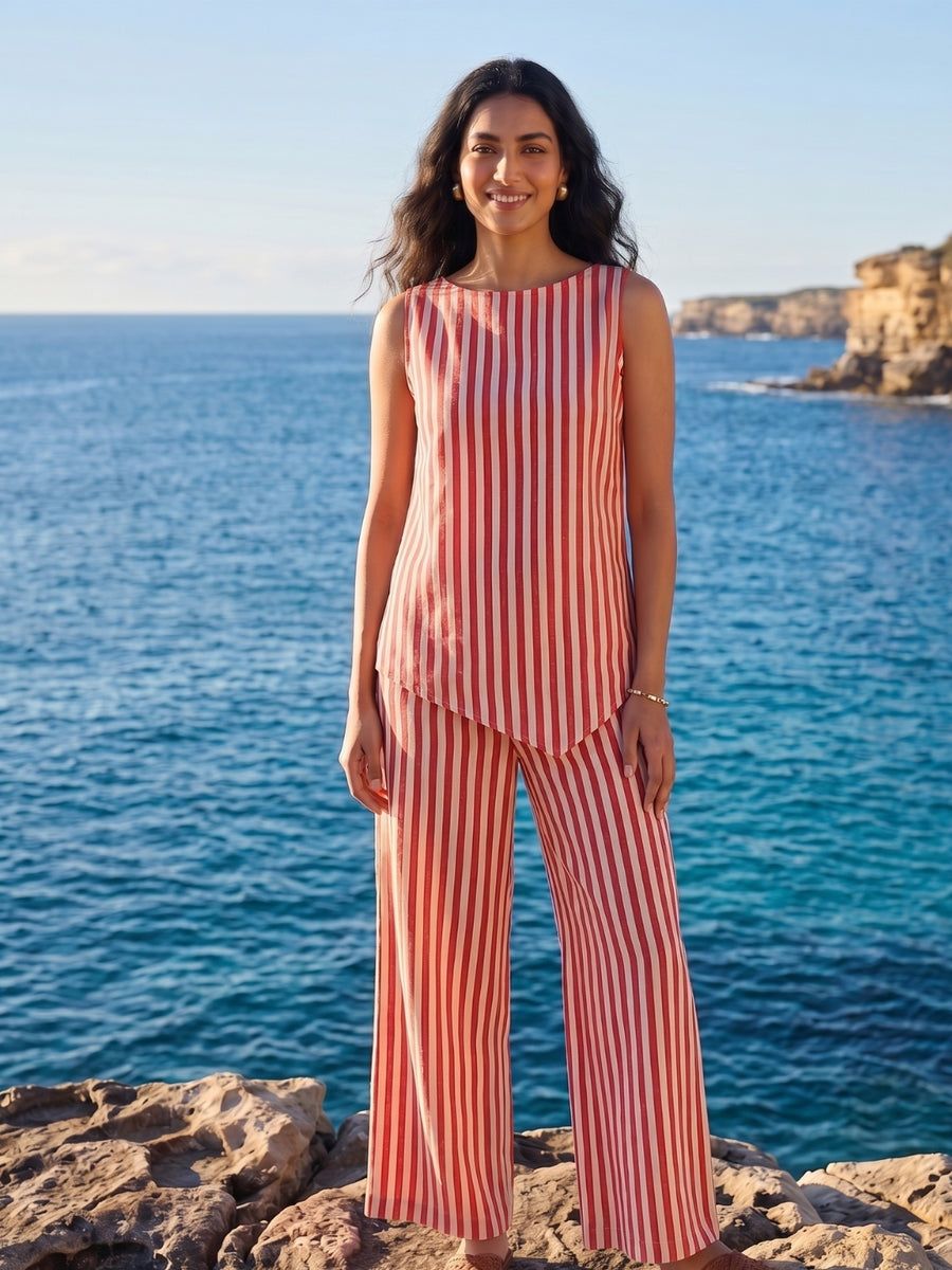 Red & Cream Striped Cotton Co-ord Set