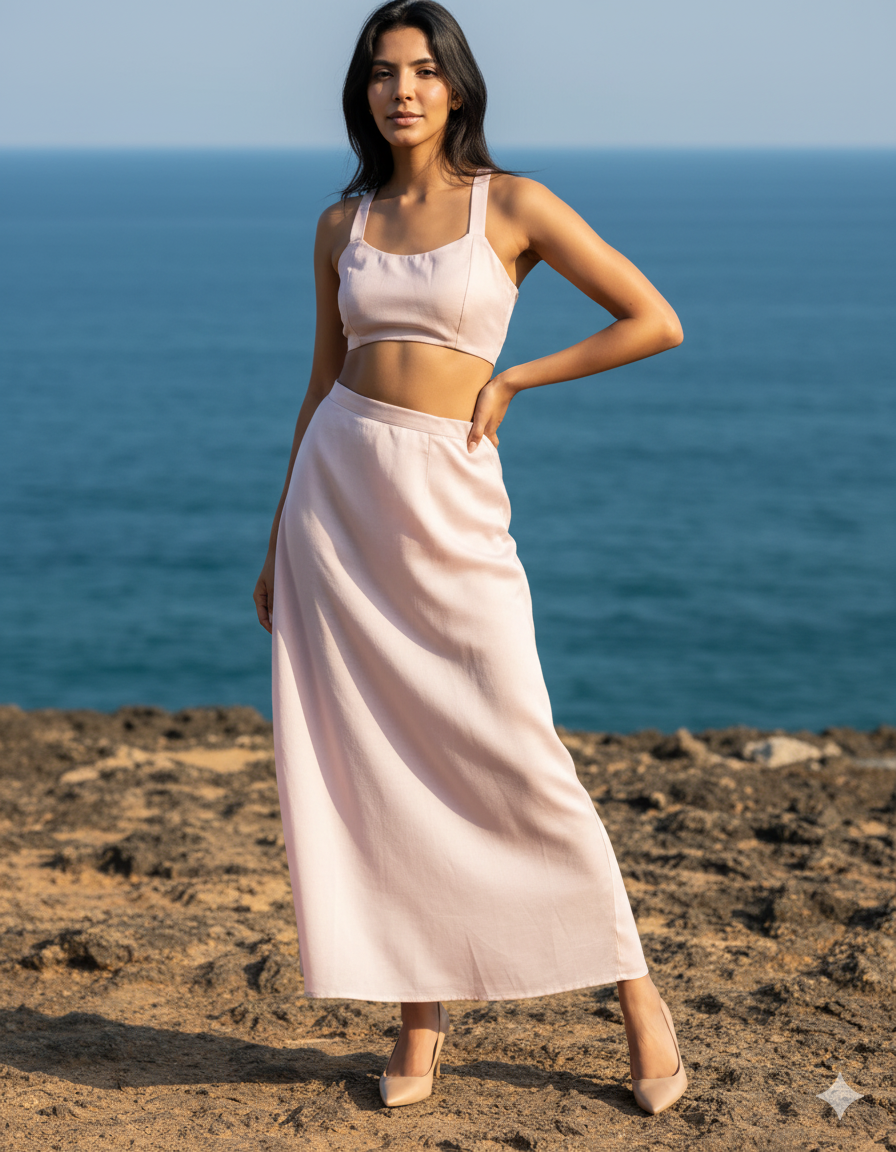 Rose Co-Ord Set front view – pink back tie-up crop top and flowing high-waist skirt | AOBA