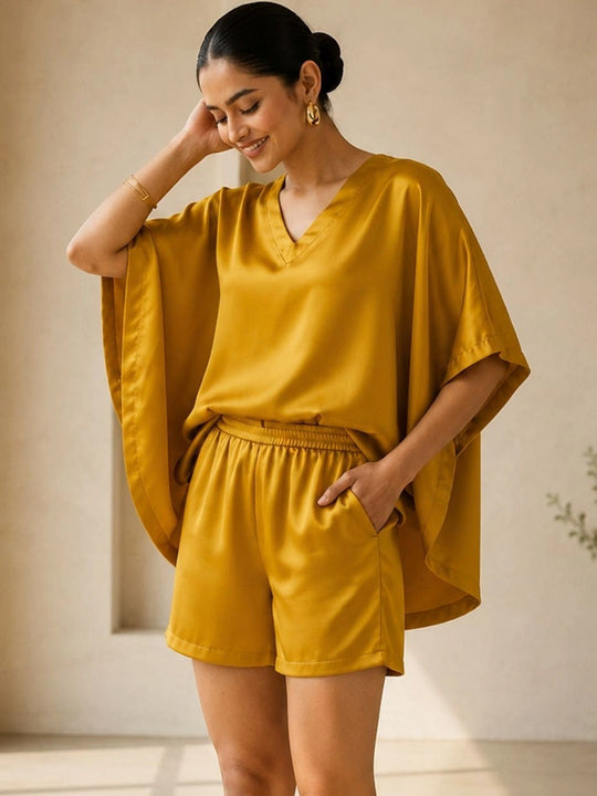 Yellow Satin Shorts Co-ord Set – AIWW-287F
