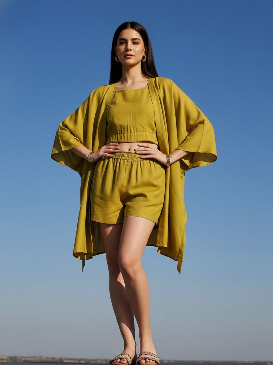 Green Linen Co-ord Set with Robe – AIWW-241A
