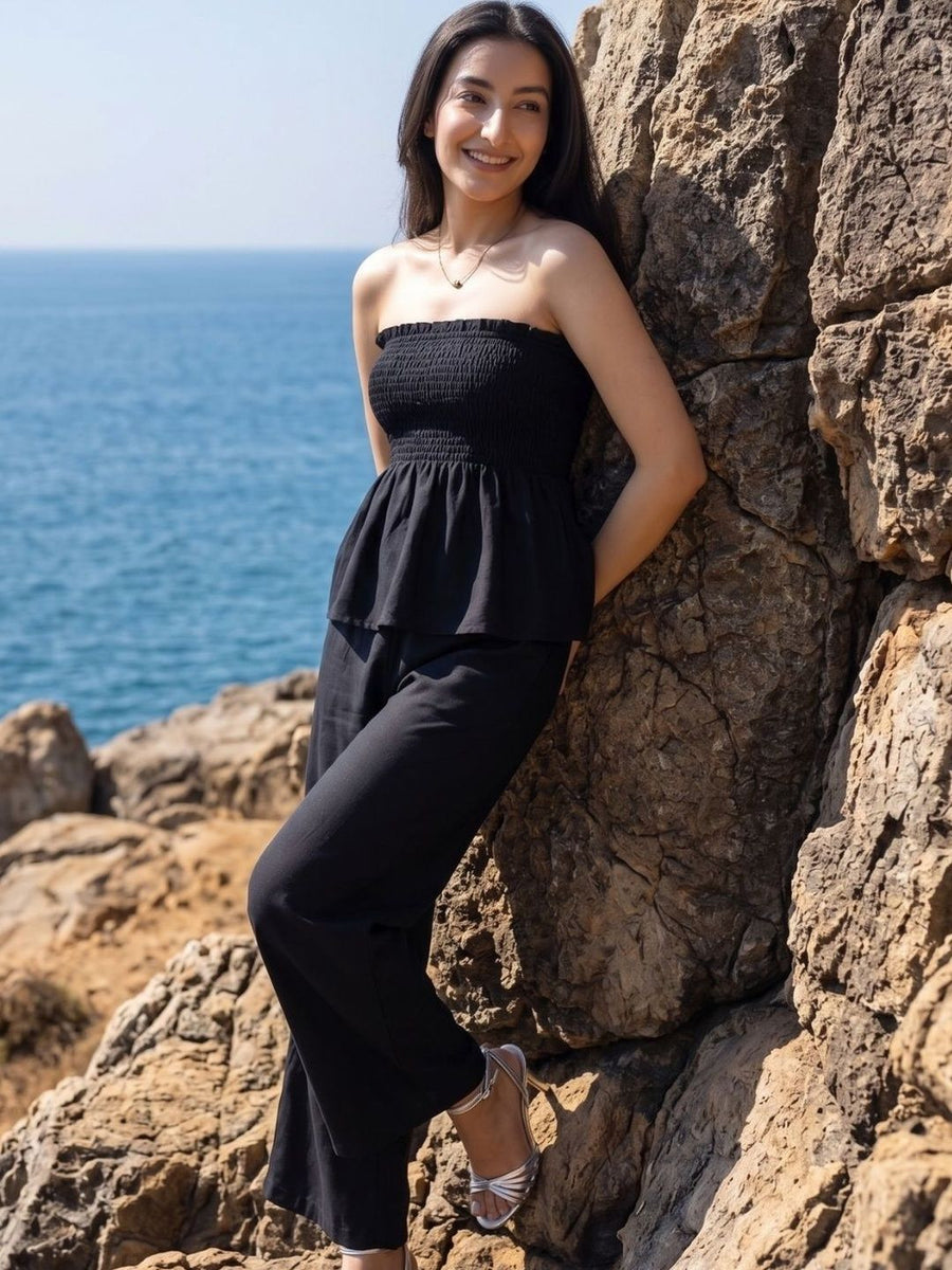 Black Bandeau Textured Trouser Co-ord Set – AOCS-14C