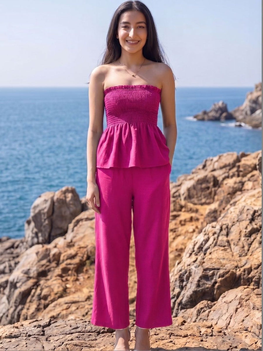 Fuchsia Bandeau Cotton Palazzo Co-ord Set – AOCS-14B