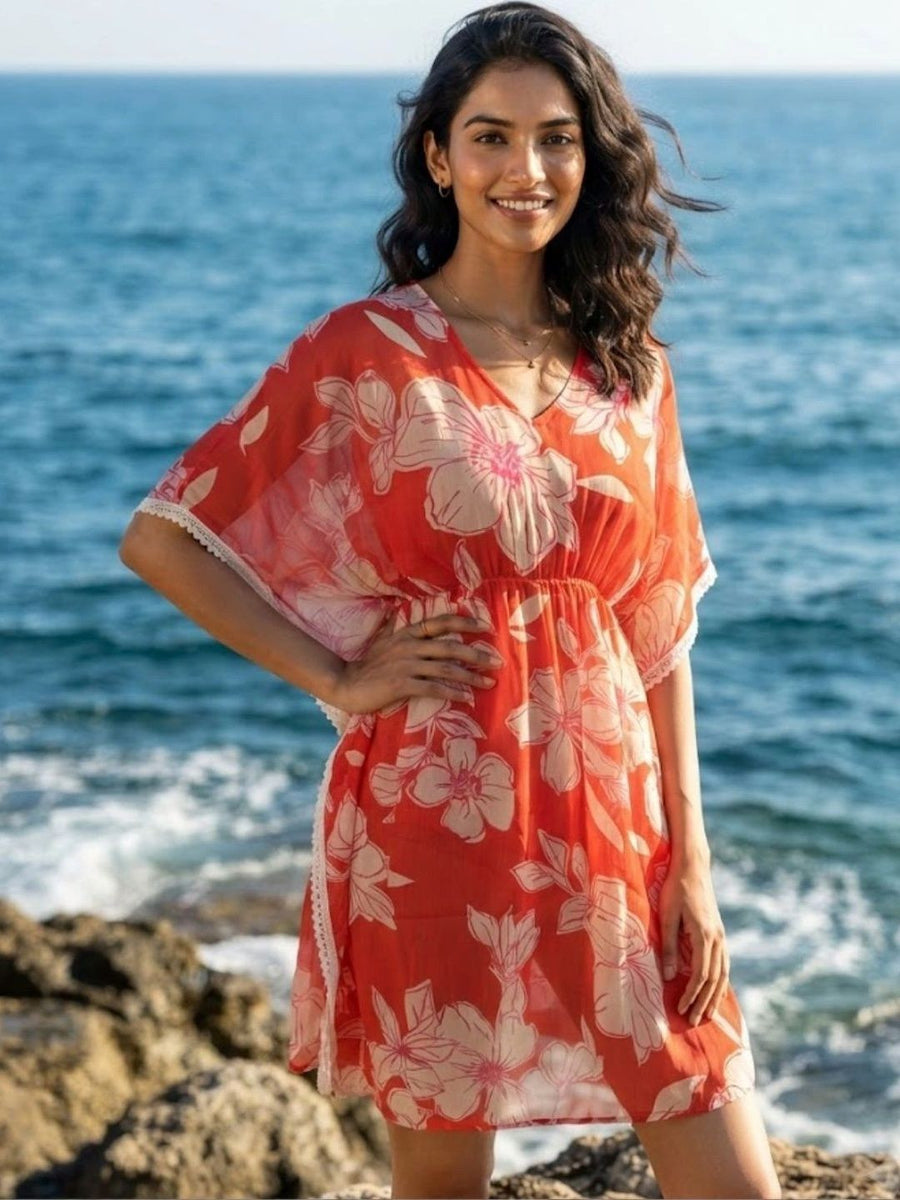 Coral Floral Print Beach Dress – AK-50I