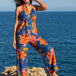 Blue Halter Tropical Print Palazzo Co-ord Set