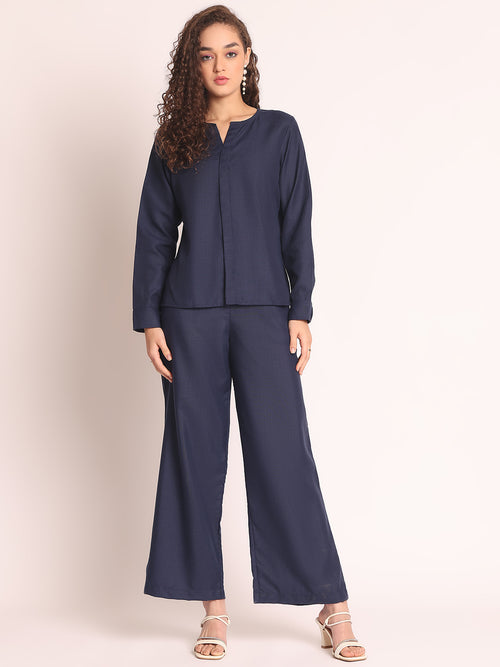 Breezy Co-ord Set full look – rich navy 100% linen two-piece co-ord | AOBA
