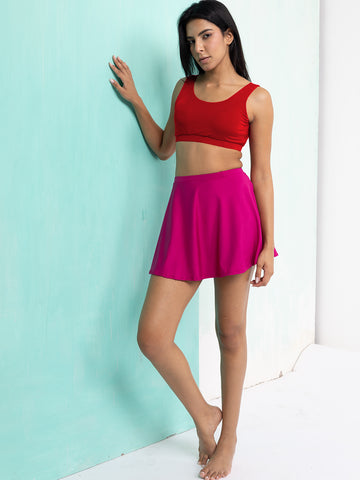 Fiery Red & Fuchsia Skirted Swim Set