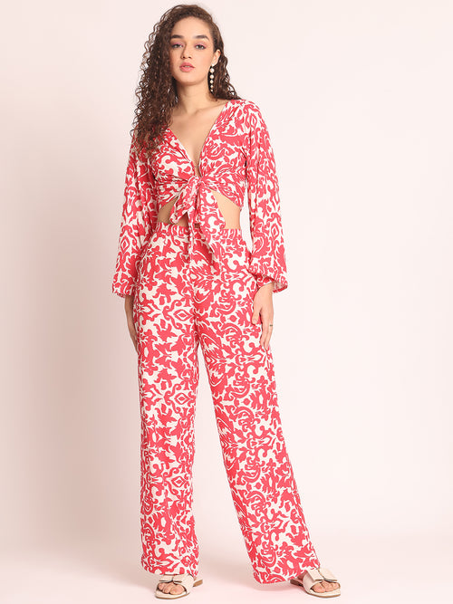 Boho Blush Co-ord Set full look – tie-front bell sleeve crop and wide-leg pants in boho print | AOBA