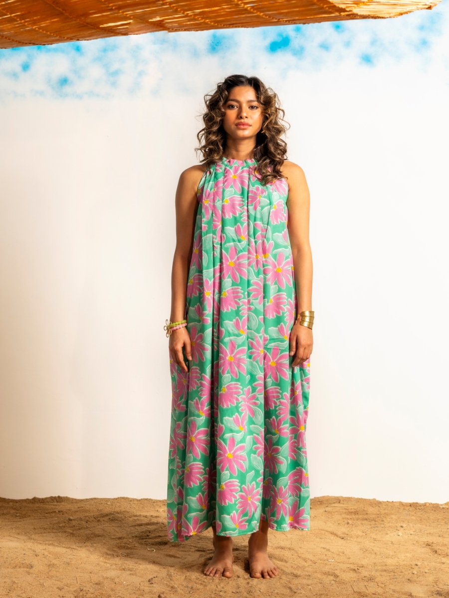 Women Green Floral Beachwear Dress - AOBABEACHWEAR