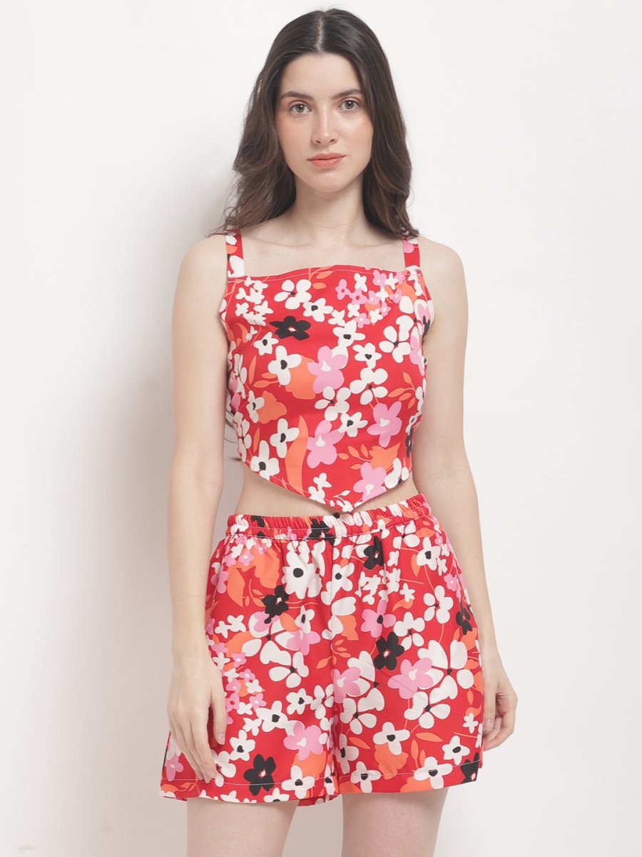 Red Floral Printed Beachwear Co - ord Set - AOBABEACHWEAR