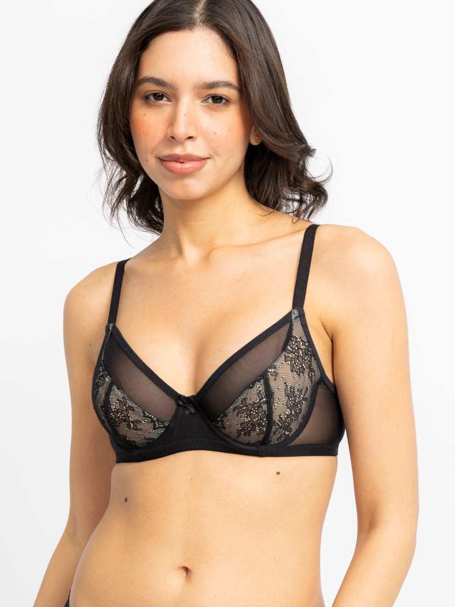 Black Floral Lace Non Padded All Day Comfort Underwired Bra - AOBABras