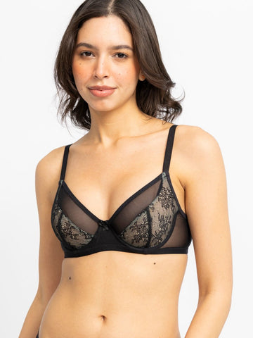 Black Floral Lace Non Padded All Day Comfort Underwired Bra - AOBABras