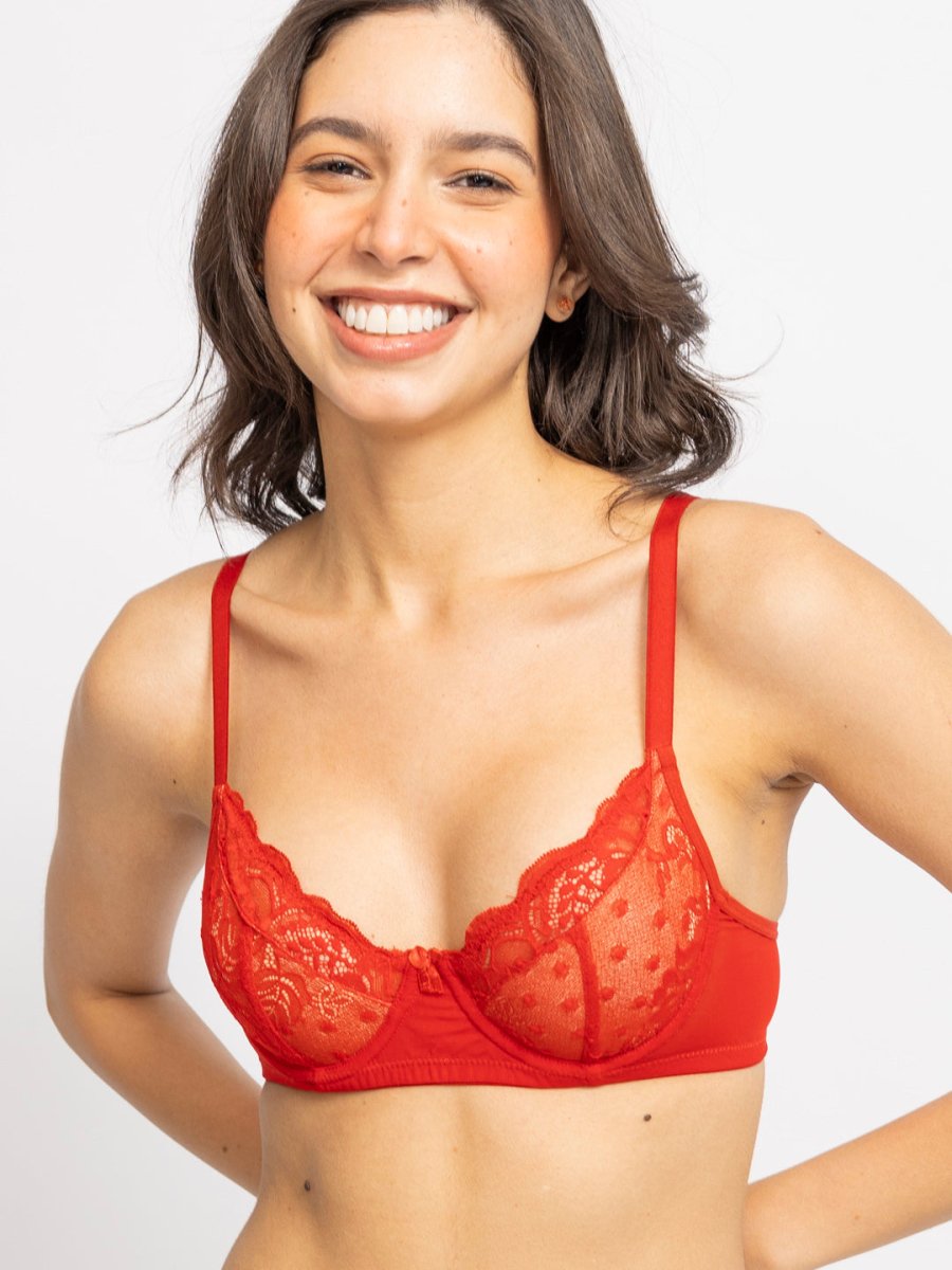 Red Floral Lace Non Padded All Day Comfort Underwired Bra - AOBABras