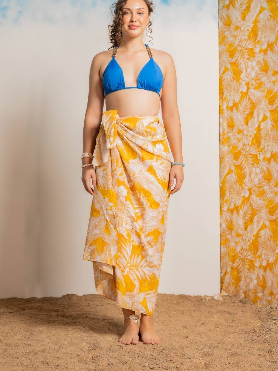 Women Yellow Tropical Printed Sarong - AOBABeachwear