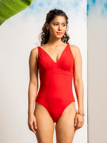 Women Red Solid Bodysuit Swimwear - AOBASWIMWEAR