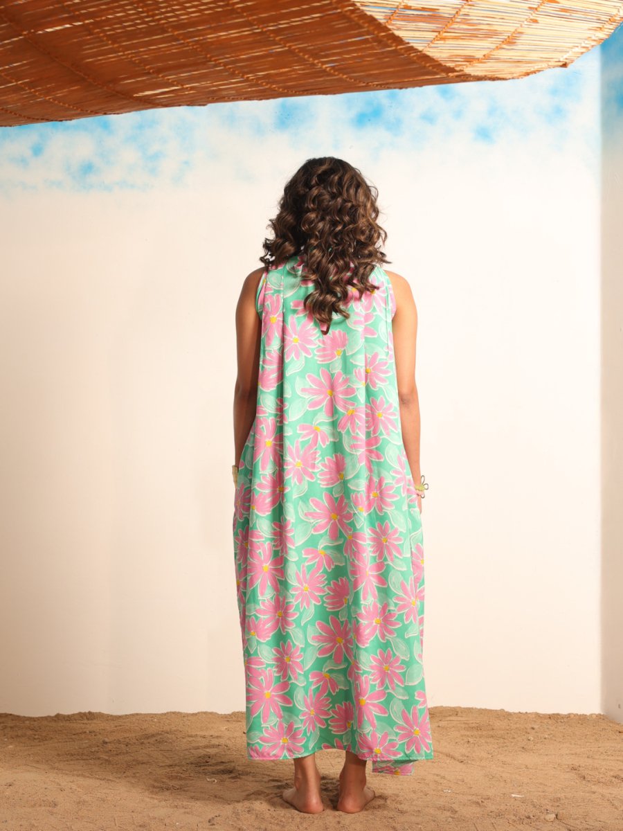 Women Green Floral Beachwear Dress - AOBABEACHWEAR