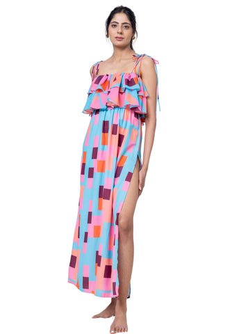 The Geometric Horizon Tiered Beach Maxi Dress