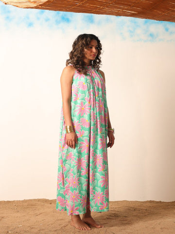 Women Green Floral Beachwear Dress - AOBABEACHWEAR