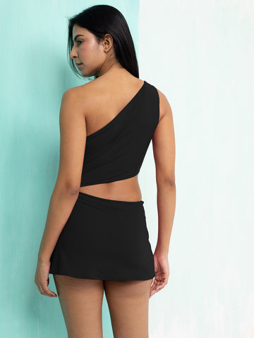 Midnight Black Allure One-Shoulder Skirt Bodysuit
