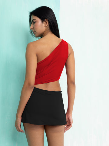 Crimson Eclipse One-Shoulder Skirt Bodysuit