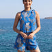 Blue Tropical Leaf Print Pleated Co-ord Set