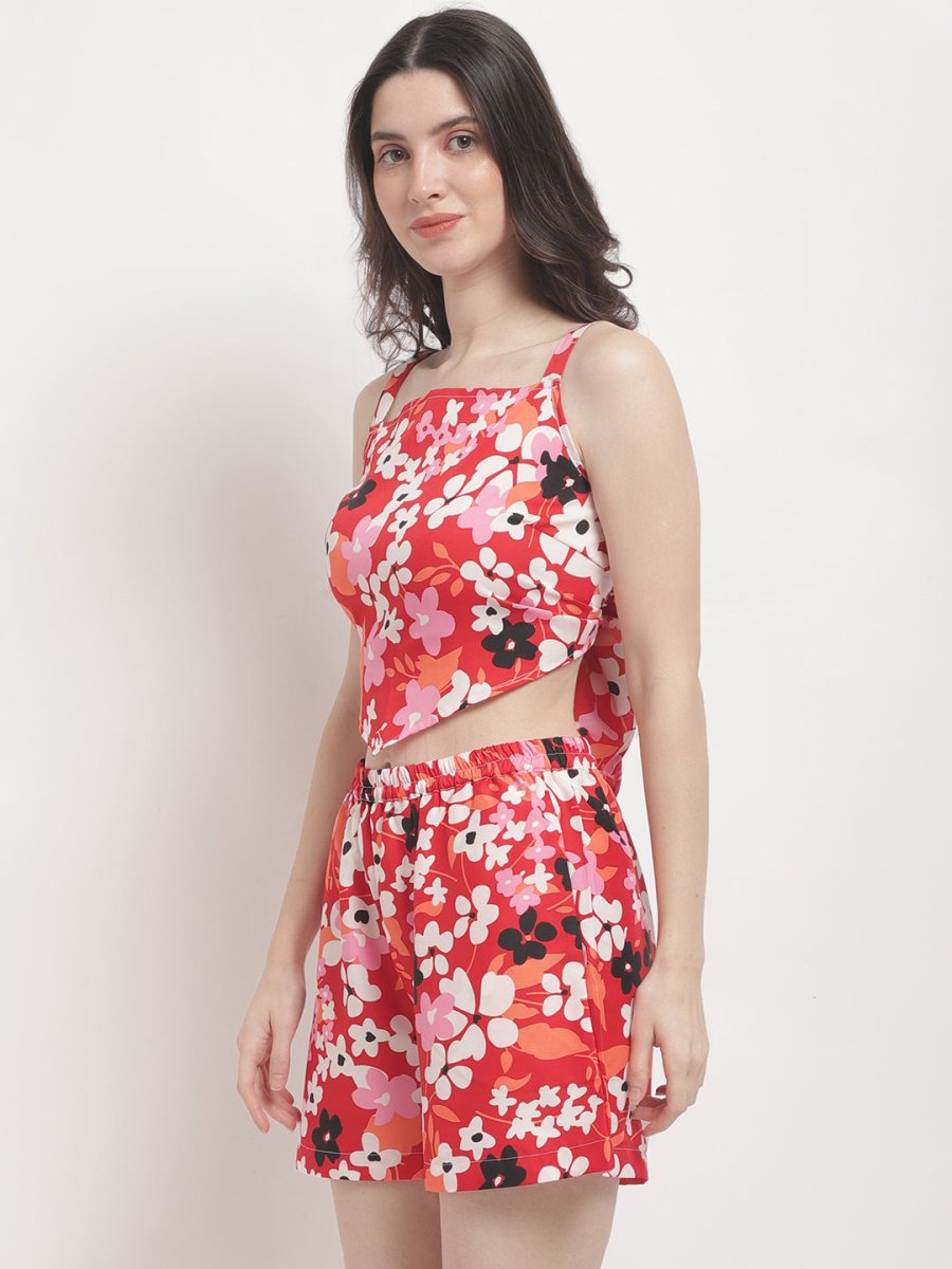 Red Floral Printed Beachwear Co - ord Set - AOBABEACHWEAR