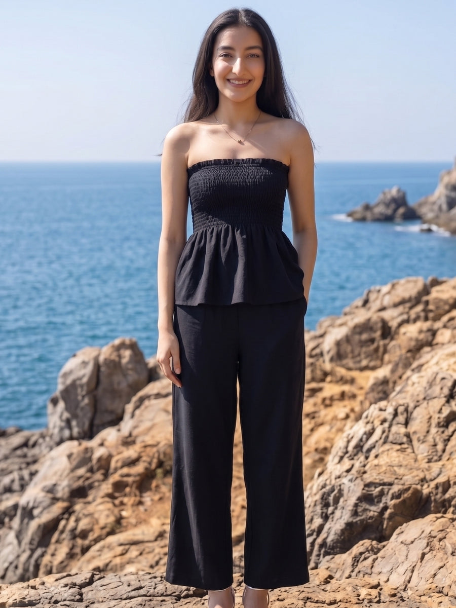 Black Solid Cotton Gauze Co-ord Set