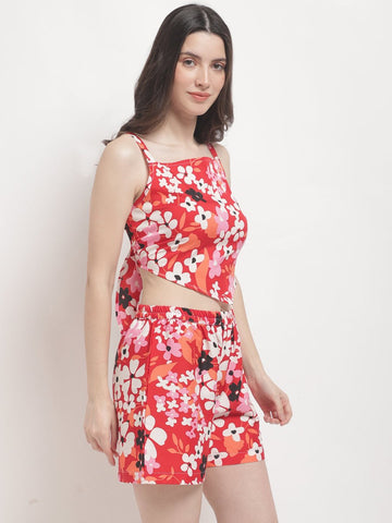 Red Floral Printed Beachwear Co - ord Set - AOBABEACHWEAR