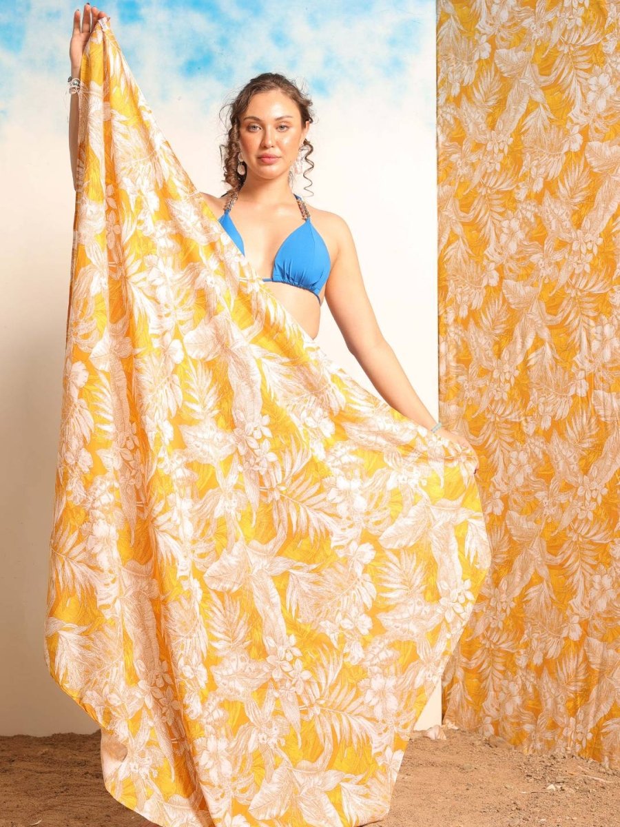 Women Yellow Tropical Printed Sarong - AOBABeachwear