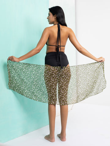 Olive Green Geometric Print Georgette Sarong