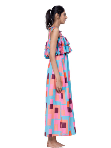 The Geometric Horizon Tiered Beach Maxi Dress