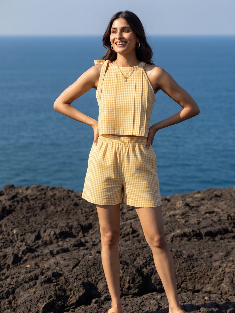 Butter Yellow Gingham Pleated Co-ord Set