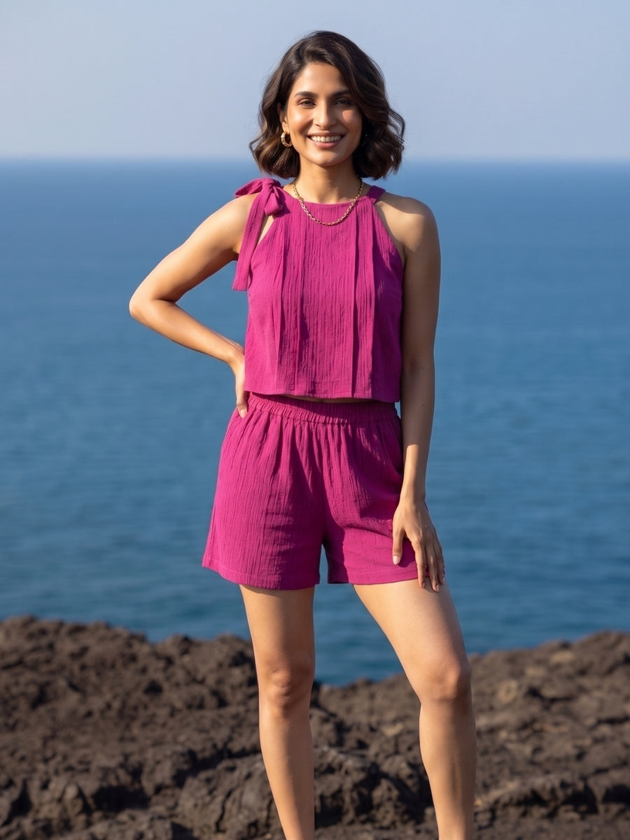Magenta Pink Textured Pleated Co-ord Set