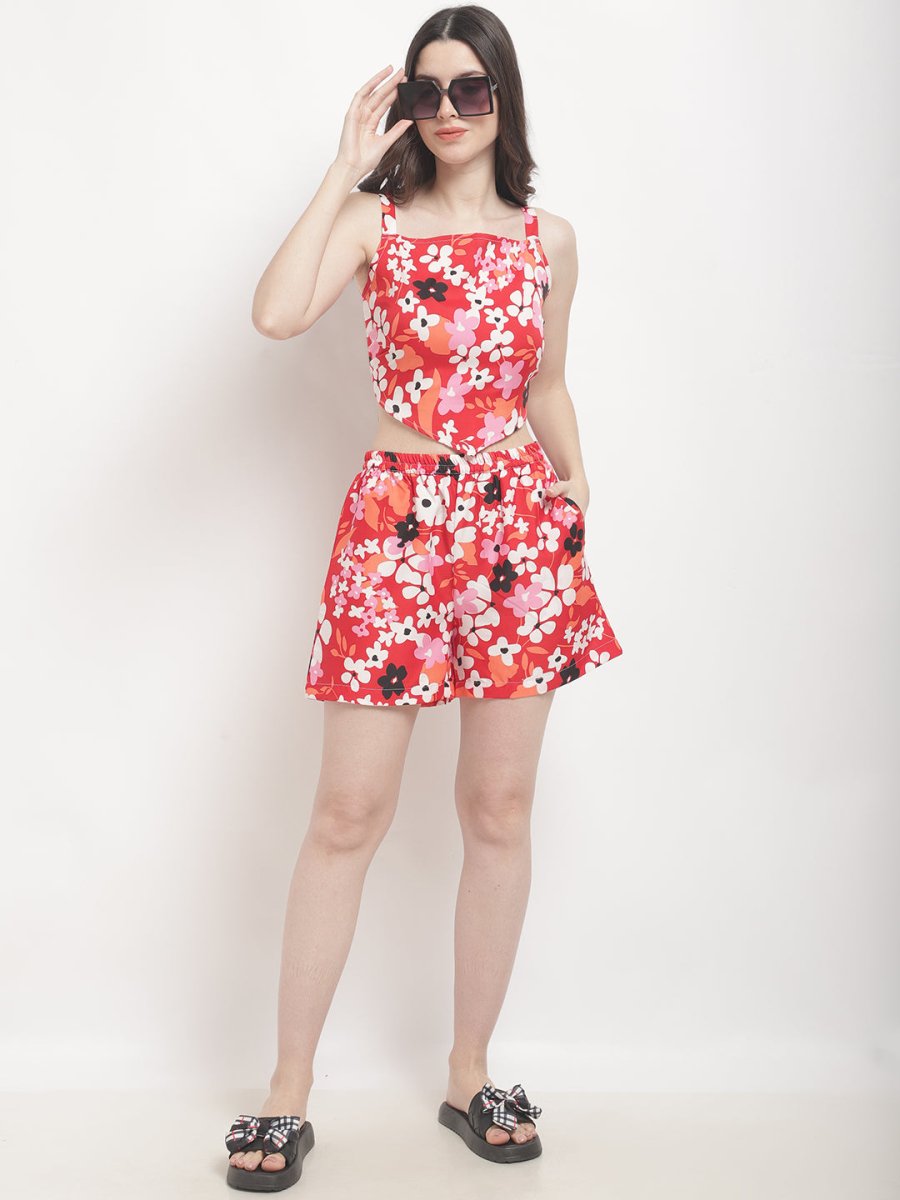 Red Floral Printed Beachwear Co - ord Set - AOBABEACHWEAR