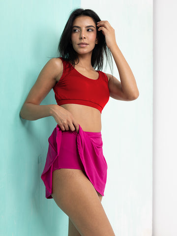 Fiery Red & Fuchsia Skirted Swim Set