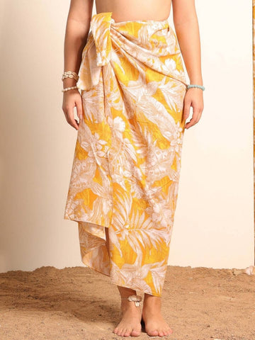 Women Yellow Tropical Printed Sarong - AOBABeachwear