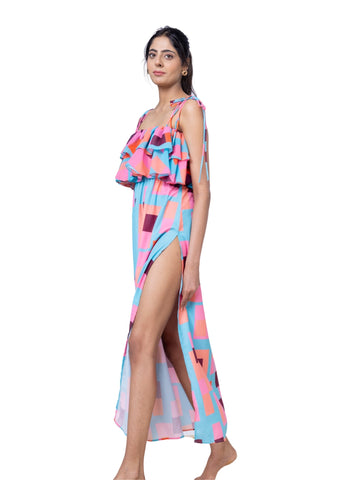 The Geometric Horizon Tiered Beach Maxi Dress