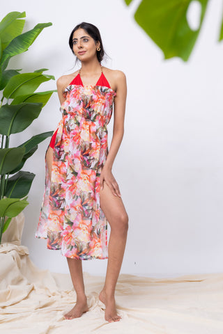 Tropical Bloom Ruched Midi Dress & swim set