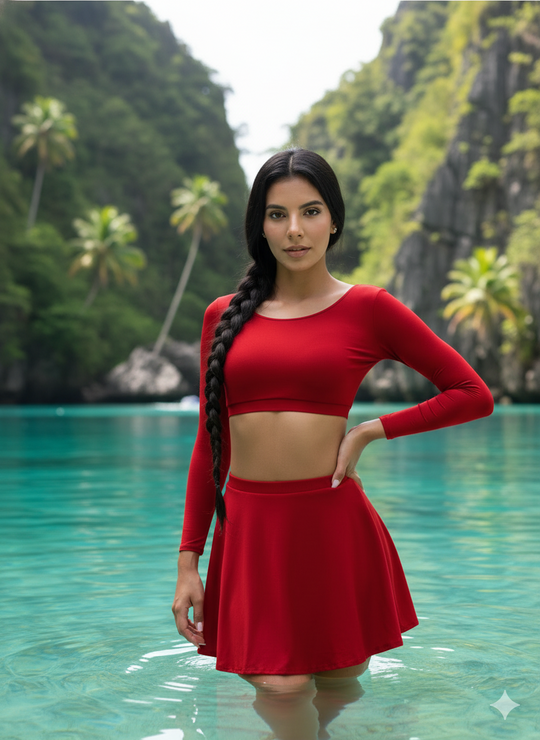Women Swimwear Crimson Swim Skirt Set