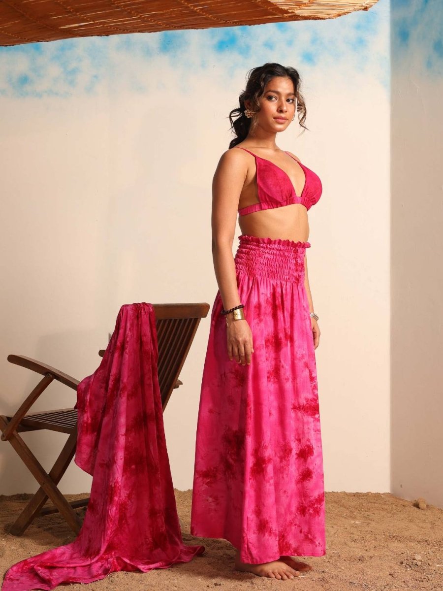 Women pink Tie & Dye Beachwear Skirt Set - AOBABEACHWEAR