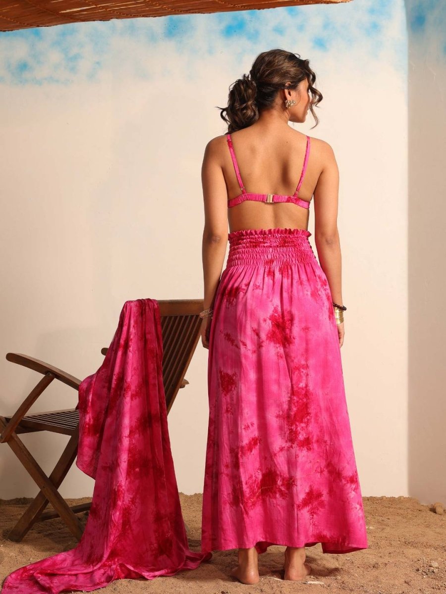 Women pink Tie & Dye Beachwear Skirt Set - AOBABEACHWEAR