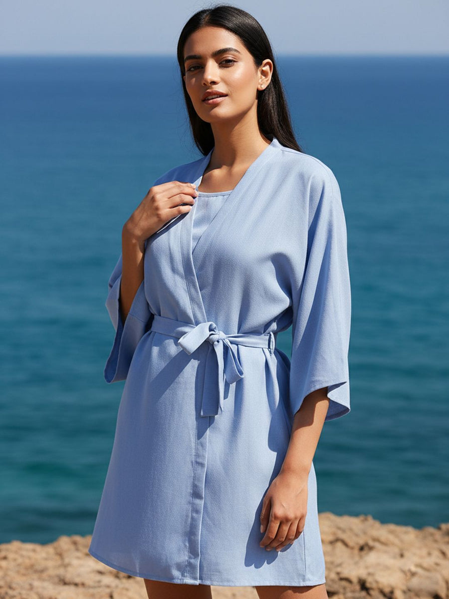 Light Blue Linen Co-ord Set with Robe – AIWW-241C