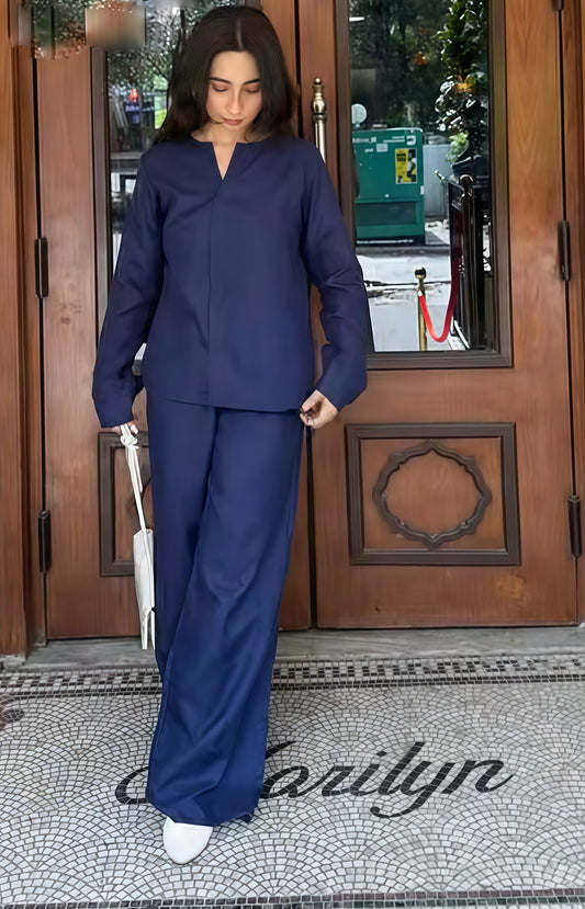 Breezy Co-ord Set front view – navy linen full-sleeve top and wide-leg pants | AOBA