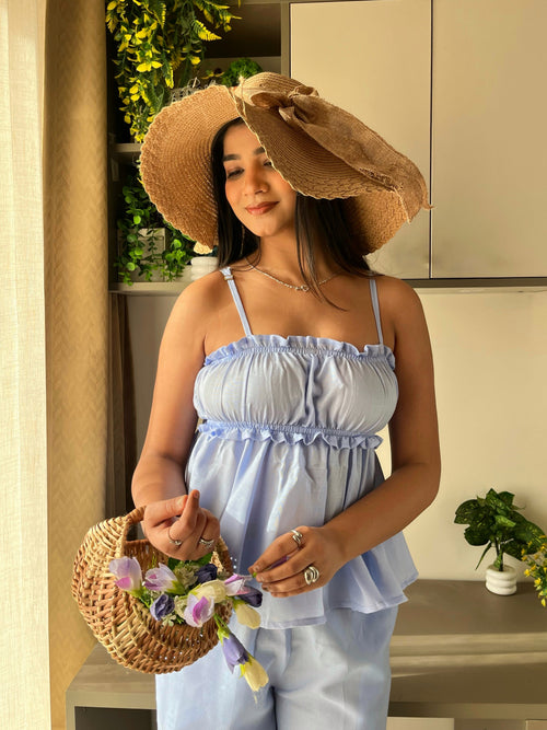 Coastal Calm Co-ord full look – pastel lilac breathable linen co-ord two-piece set | AOBA