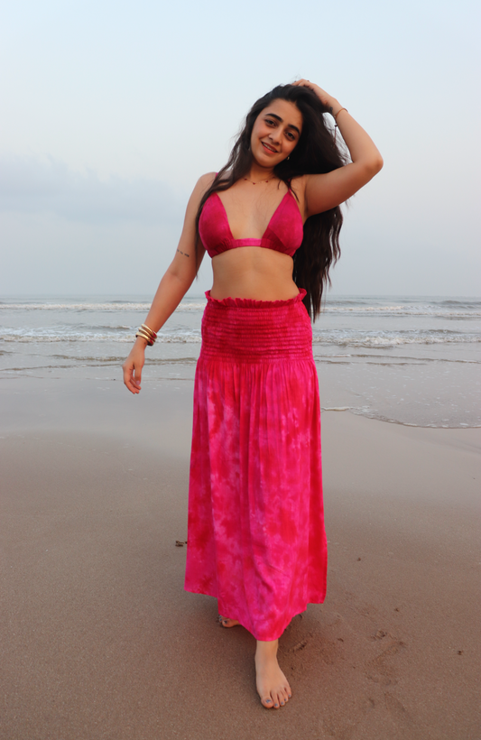 Women pink Tie & Dye Beachwear Skirt Set