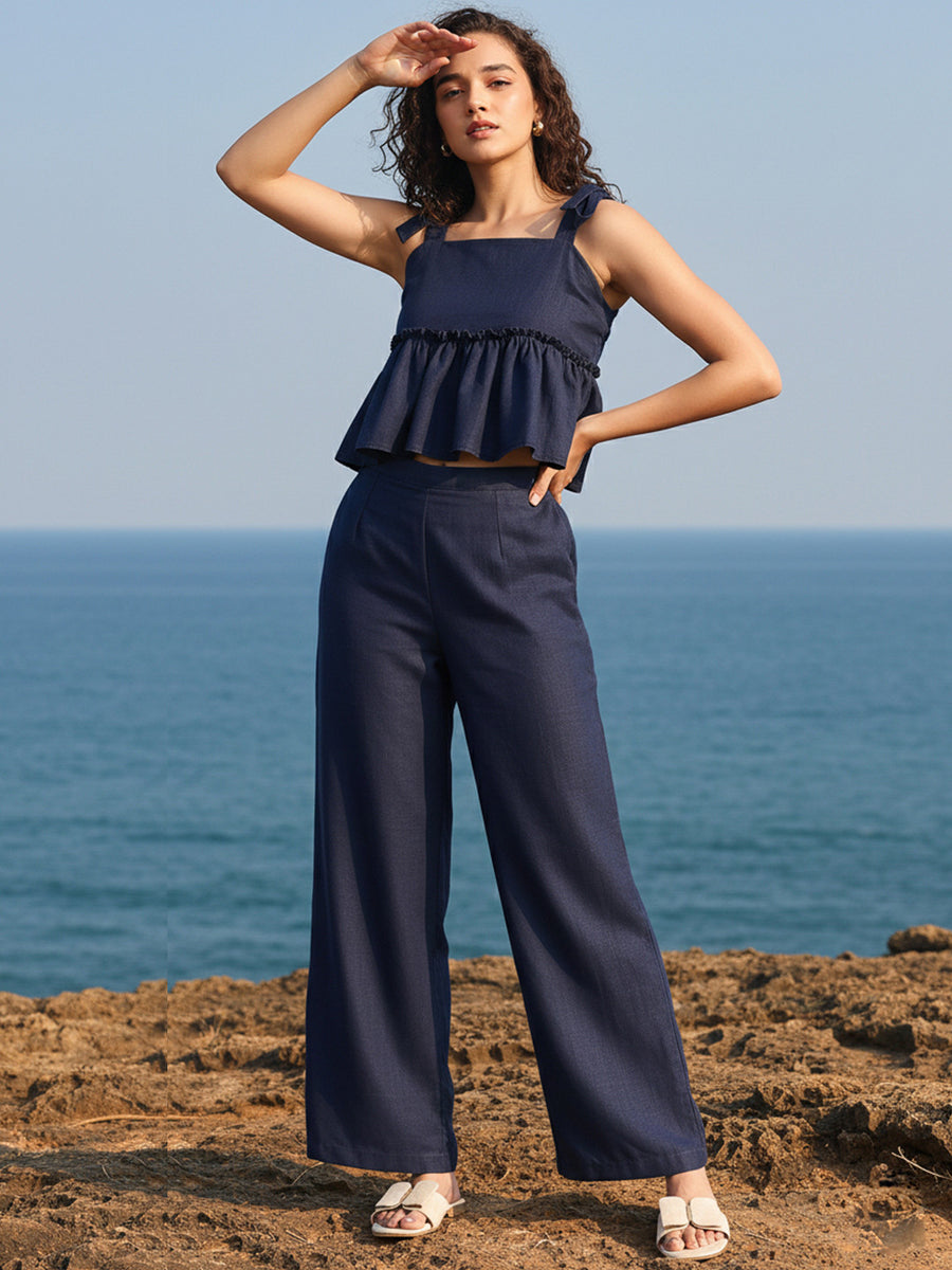 Navy Blue Linen Palazzo Co-ord Set – AIWW-245C