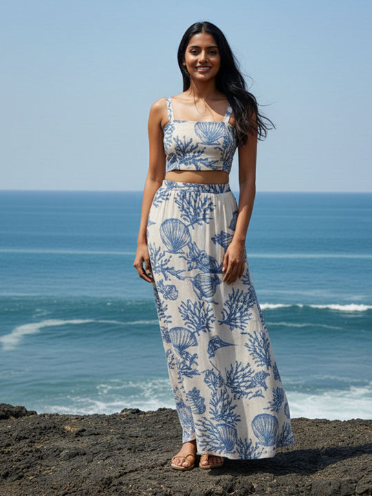 Off White Square-Neck Seashell Print Maxi Skirt Co-ord Set – AIWW-268I