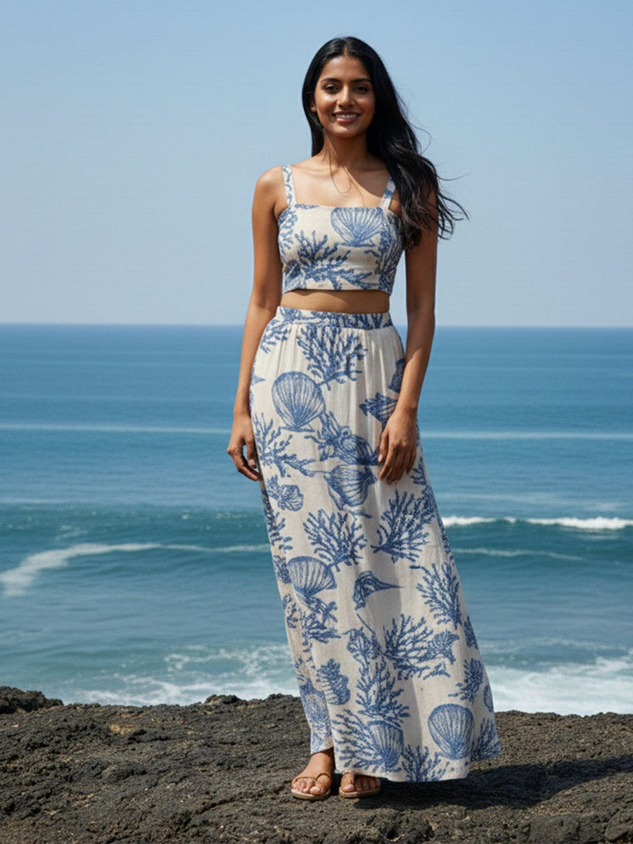 Off White Square-Neck Seashell Print Maxi Skirt Co-ord Set – AIWW-268I