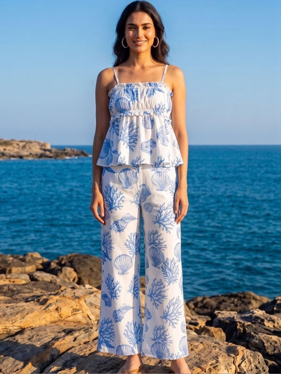 White Tropical Print Trouser Co-ord Set – AOCS-15J